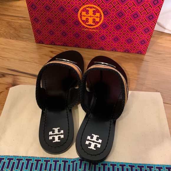 Tory Burch Patos disc sandal in black stripe. - Picture 2 of 4